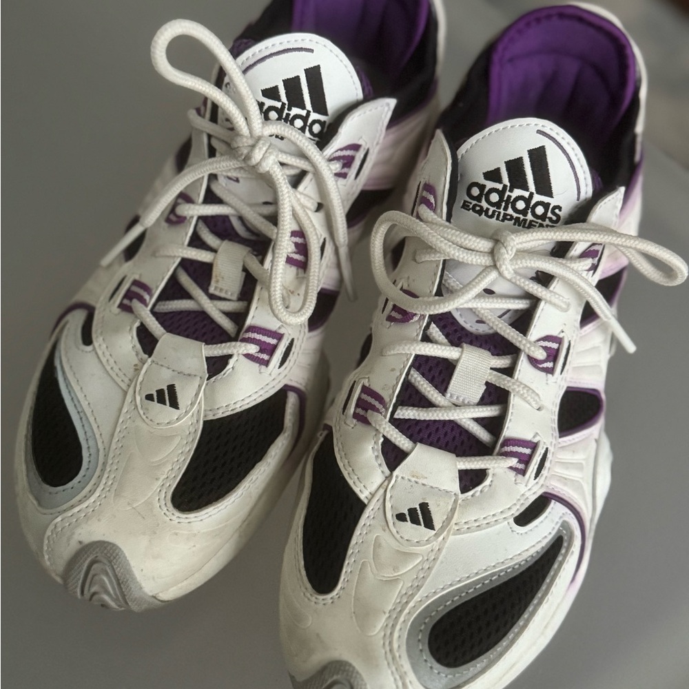 Adidas White and Purple Athletic Shoes with Classic Stripes